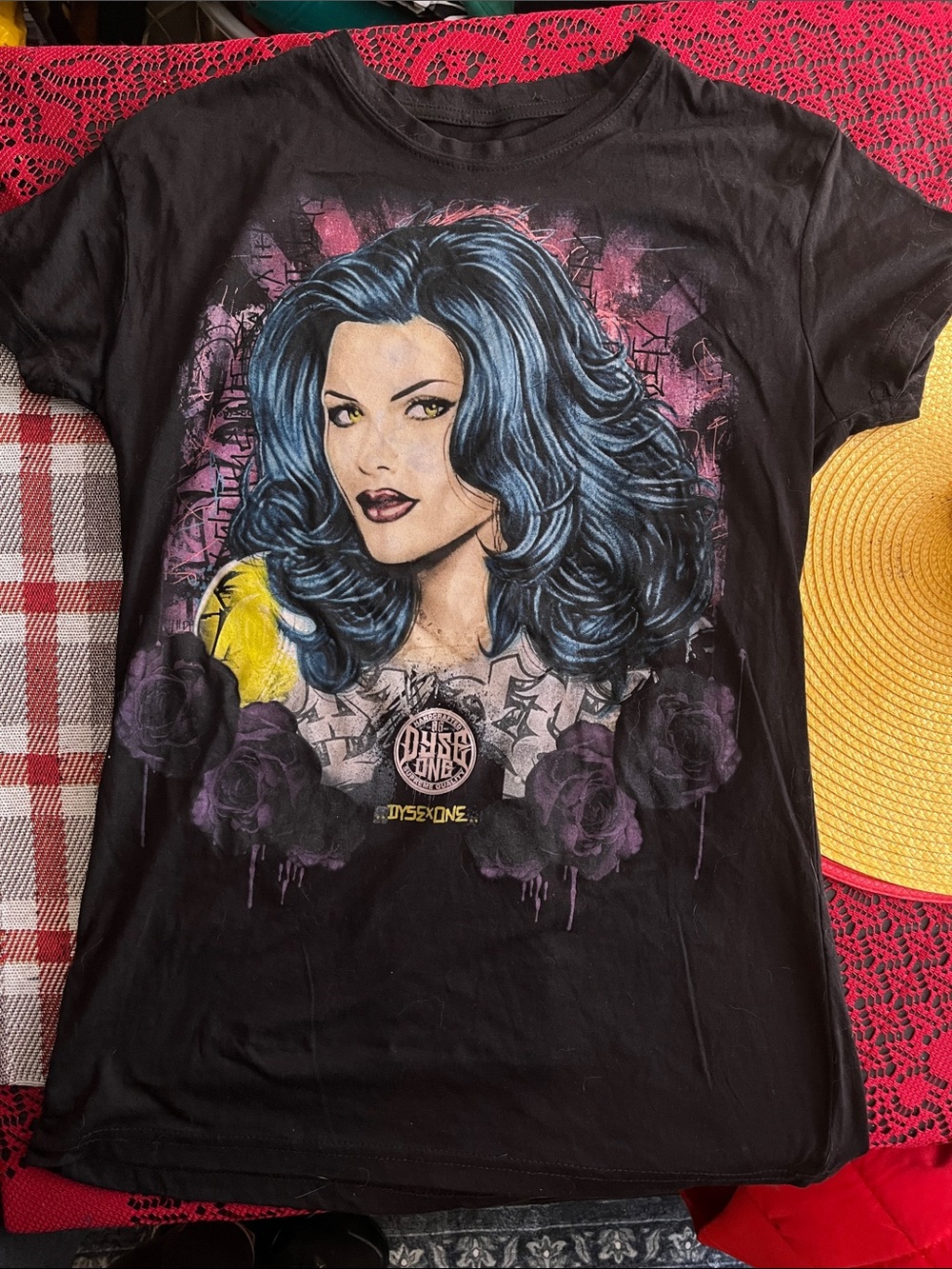 Dyse One, Black Tee w/ Graphic of Blue Haired Lady, Women’s Size Large